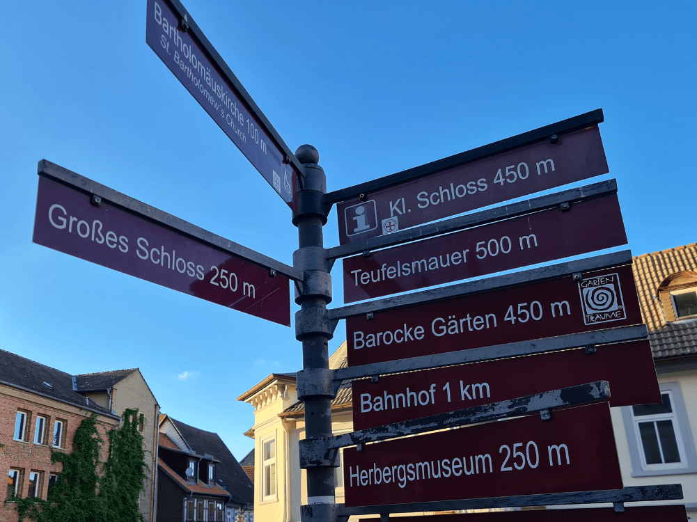 Wegweiser zu den Sehenswürdigkeiten der Altstadt Blankenburg