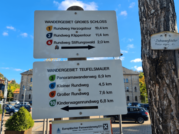 Wegweiser mit Wanderrouten vor dem Schlosshotel Blankenburg