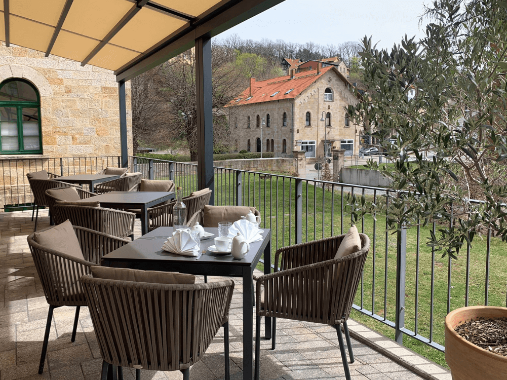 Terrasse mit Überdachung und schön eingedeckten Tischen mit Blick ins Grüne und Olivenbäumchen